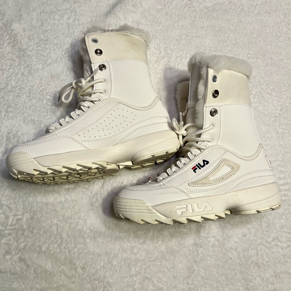 FILA Women's Cream-White Lace-Up Fur Collar Boots
